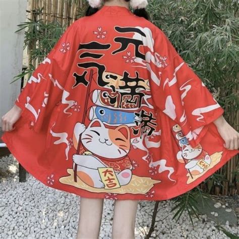 Damen Japanisch Mantel Kimono Lucky Cat Strickjacke Bluse Yukata Jacke