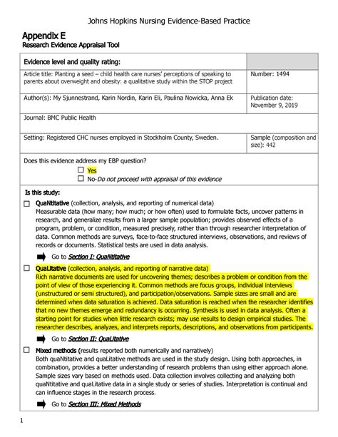 Appendix Eresearch Appraisal Tool Appendix E Research Evidence