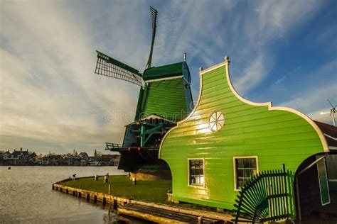 Old Dutch Wind Mill In The Traditional Green Color At The Zaanse Schans