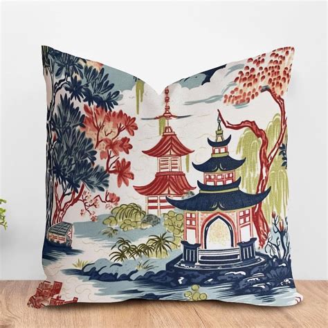 Aroggeld Asian Dark Blue Red Pagoda Farmhouse Throw Pillow