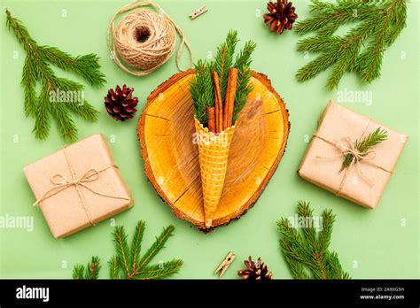 Christmas Organic Decoration On Green Background Christmas Zero Waste