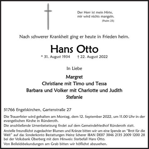 Traueranzeigen Von Hans Otto Wirtrauern