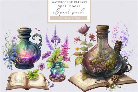Mystical Spell Book Clipart Bundle Watercolor Spell Books Vintage Old