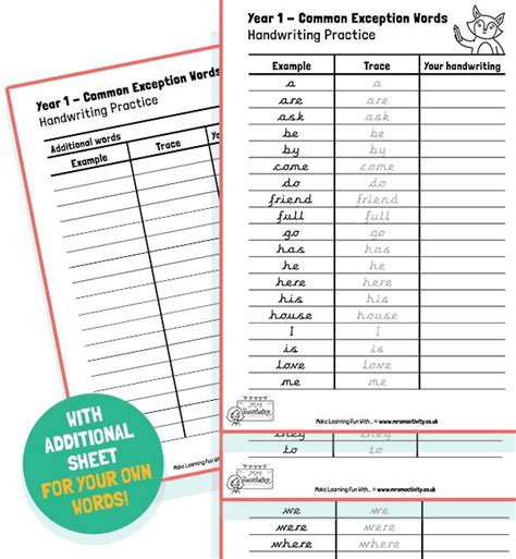 Year 1 Common Exception Words Handwriting Practice Sheets Unjoined Cursive Mrs Mactivity