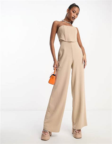 Asos Design Bandeau Corset Wide Leg Jumpsuit In Stone Asos