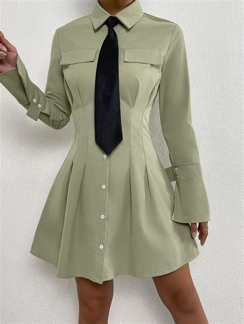 Solid Button Front Shirt Dress With Necktie Shirt Dress Fashion