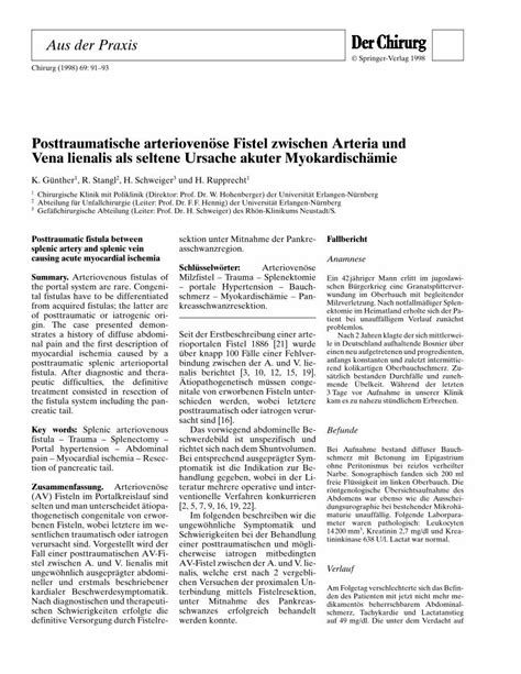 Pdf Posttraumatische Arterioven Se Fistel Zwischen Arteria Und Vena