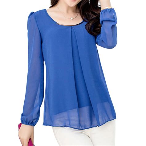 New Women S Chiffon Long Sleeve Slim O Neck Casual Blouse Tops