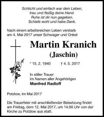 Traueranzeigen Von Martin Kranich Trauer Nordkurier