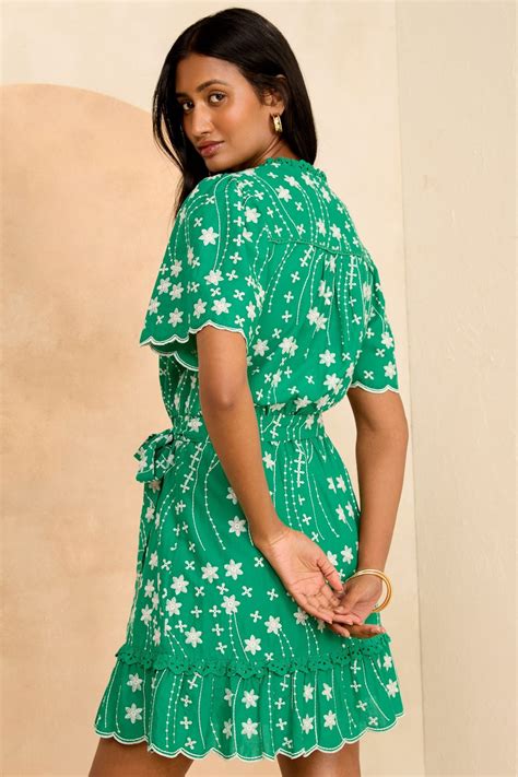 Buy Love And Roses Green Floral Embroidered V Neck Belted Mini Dress From