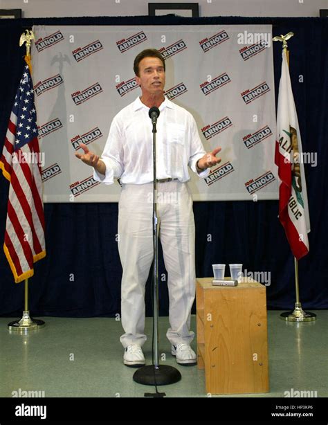 California gubernatorial candidate Arnold Schwarzenegger talks to the media in Santa Fe Springs ...