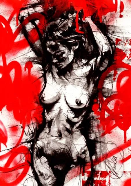 Nude Female Original Painting Charcoal Urban Art Naked Lady Red No