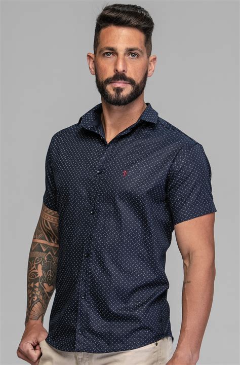 Camisa Masculina Social Slim Fit Manga Curta Bangkok Marinho Premium