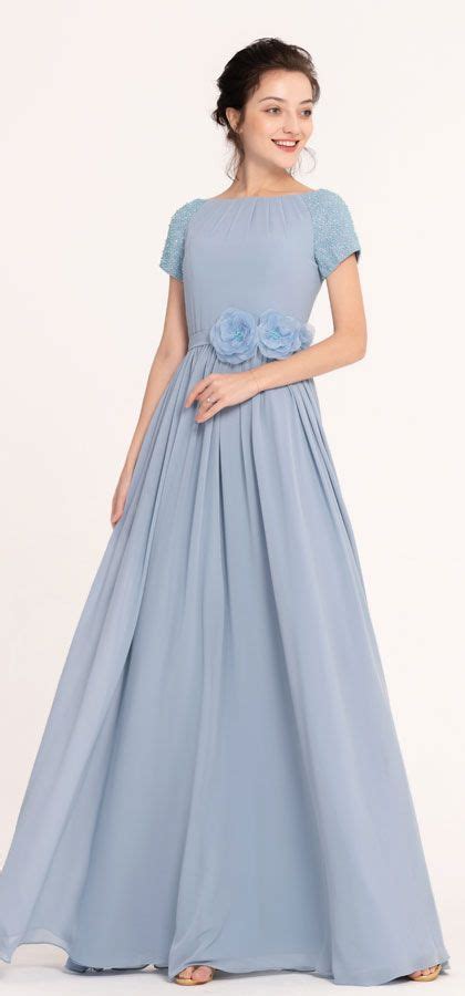 Dusty Blue Beaded Modest Bridesmaid Dress With Short Sleeves Dusty