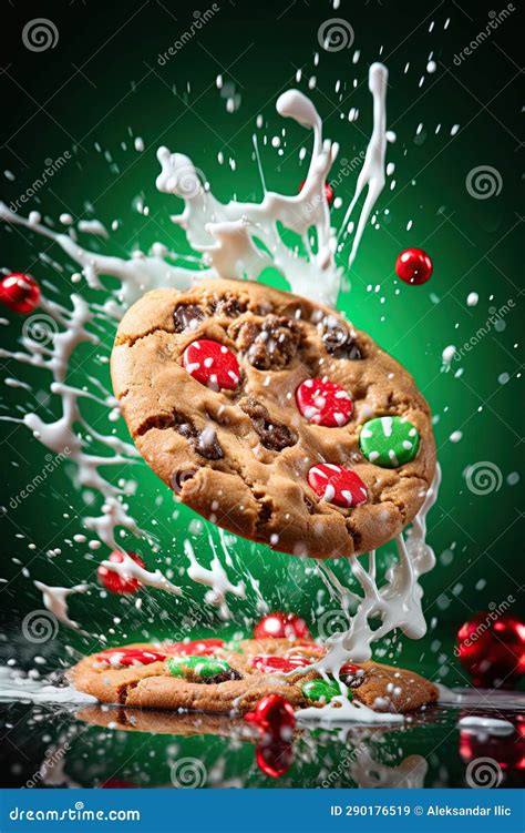 Chocolate Chip Cookies Falling And Milk Splashing Generative Ai Stock