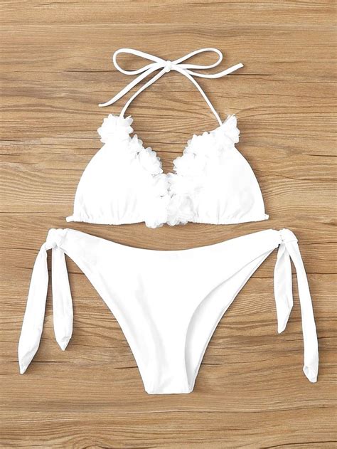 White Appliques Triangle Halter Top Swimsuit Tie Side Bikini Bottom