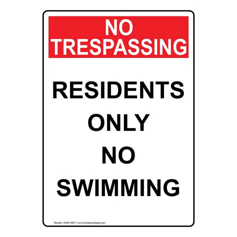 Vertical Sign No Trespassing Residents Only No Swimming