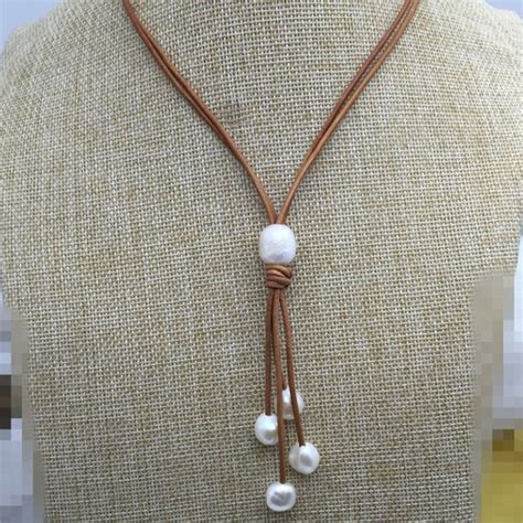 Baroque Pearl Leather Necklacepearl And Leather Lariat Etsy