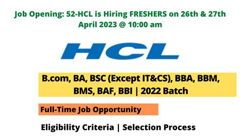 Job Opening 52 Hcl Is Hiring Freshers On 26th And 27th April 2023 1000 Am Seekajob