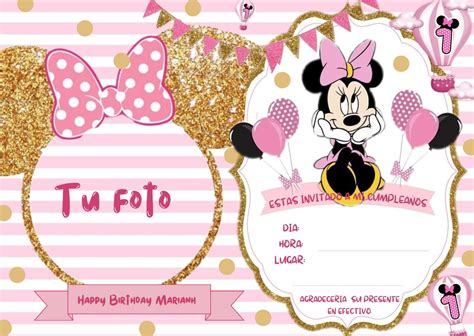 Invitación de cumpleaños Minnie Mouse rosa con fondo rayado dorado para