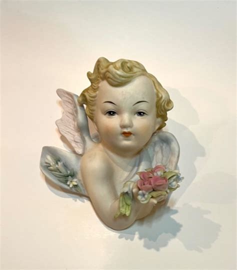 Vintage Lefton Bisque Cherub Angel Holding Flowers Wall Etsy