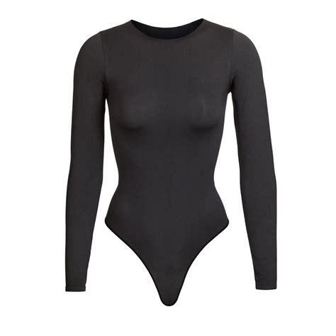 Skims Long Sleeve Crew Neck Thong Bodysuit In Onyx Kim Kardashian