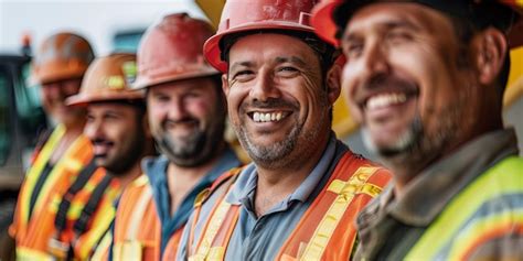 Trabajadores de la construcción sonrientes posando para la cámara