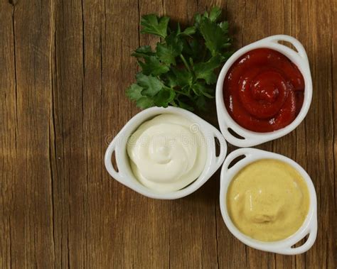 Mustard Ketchup And Mayonnaise Three Kinds Sauces Stock Image