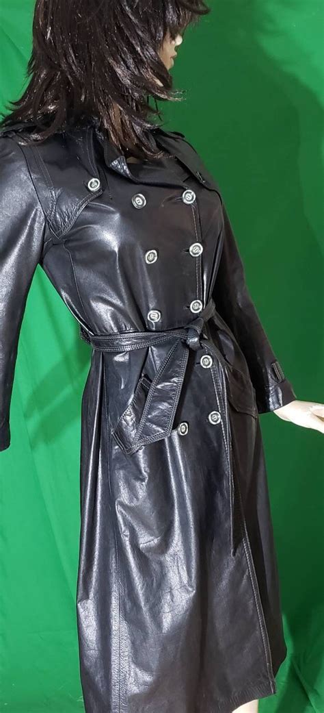 Vintage Black Leather Trench Coat Size S To M Etsy