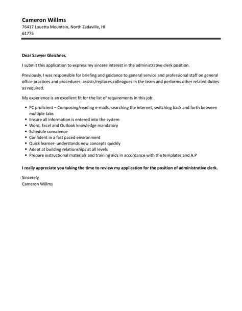 Administrative Clerk Cover Letter Velvet Jobs