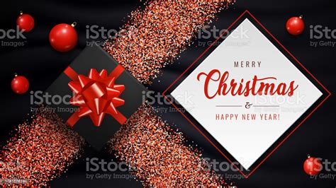 Merry Christmas Horizontal Banner With Red Balls Realistic T And Glitter Sparkles On Dark