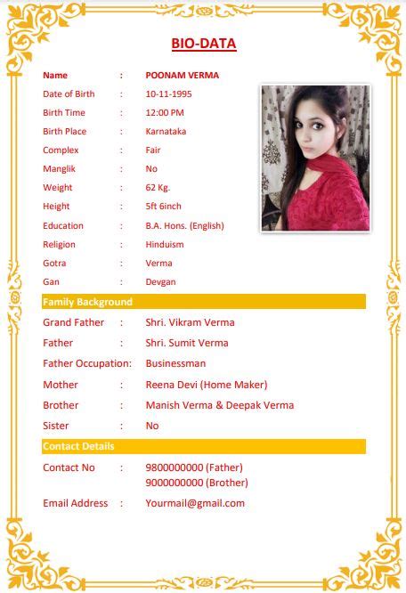 Marriage Biodata Format For Girl