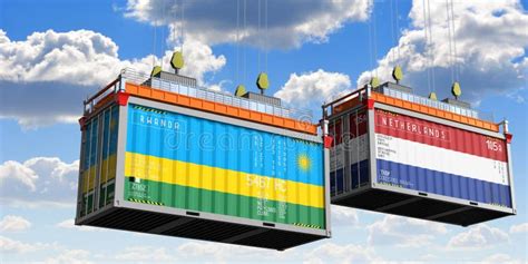 Shipping Containers With Flags Of Rwanda And Netherlands Stock