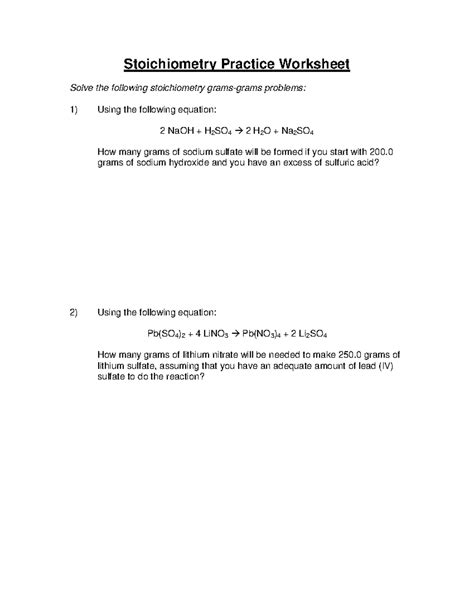 Stoichiometry Worksheet Stoichiometry Practice Worksheet Solve The