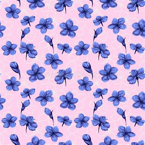 Abstract Artistic Blue Flowers And Buds Seamless Pattern On A Pink