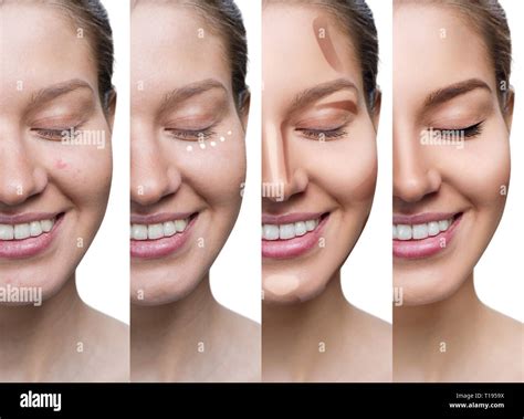 Collage Of Woman Applying Makeup Step By Step Stock Photo Alamy