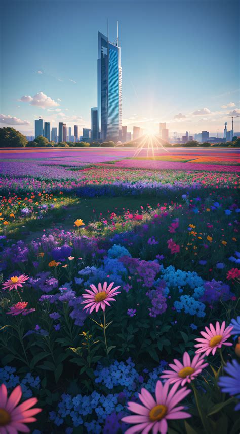 A Field Of Flowers With A City In The Background SeaArt AI