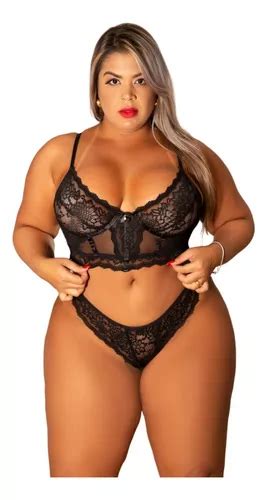 Conjunto Lingerie Plus Size Sensual Cropped Preto Rendado