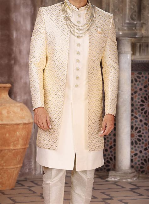 Shop Cream Art Silk Computer Thread Work Indowestern Sherwani Wedding