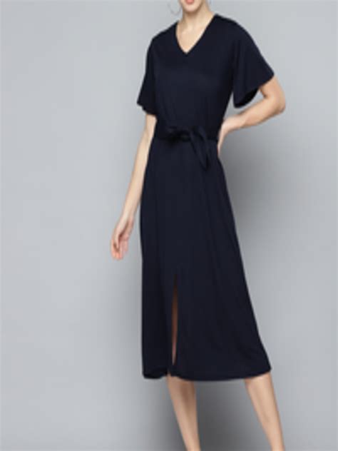 Buy Femella Women Navy Blue Solid A Line Dress With Belt Dresses For