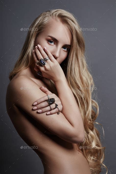 Art Beauty Nude Woman With Rings On The Fingers Ornaments On The Hands Blonde Stock Photo By
