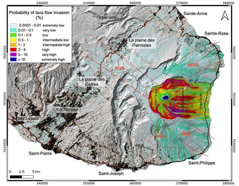 Lava flow hazard map of Piton de la Fournaise. Probability of lava flow ...