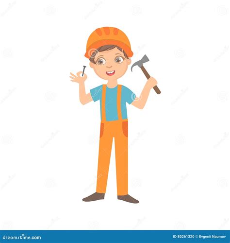 Boy With The Hammer And Nail Kid Dressed As Builder On The