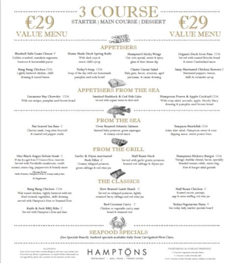 Hamptons Restaurant Limerick Menus Hampton Restaurant Limerick New