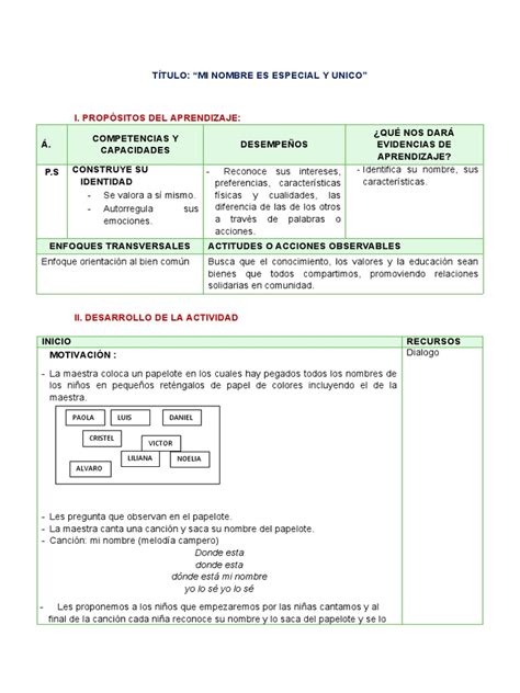 Sesion Mi Nombre Es Especial Y Unico Pdf Aprendizaje Ciencia