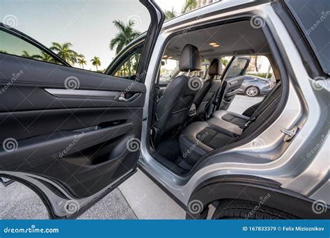 Rear Passenger Door Open To A Car Or Suv Vehicle With Dark Interior Seats Stock Image Image Of