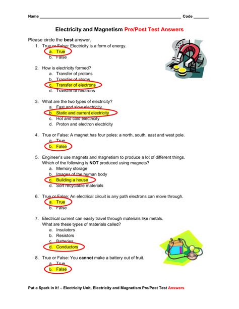 Electricity And Magnetism Prepost Test Answers