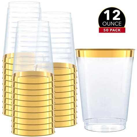 Gold Plastic Clear Cups 12 Oz 50 Pack Disposable Party Cups With