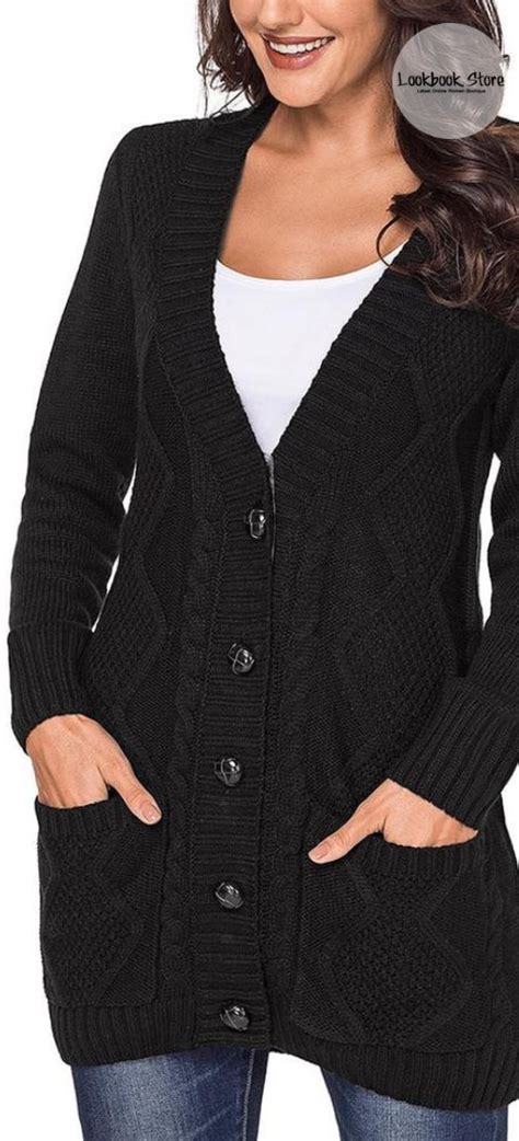 Black Front Pockets Button Up Cable Knit Cardigan Cable Knit Cardigan Knit Cardigan Cable Knit