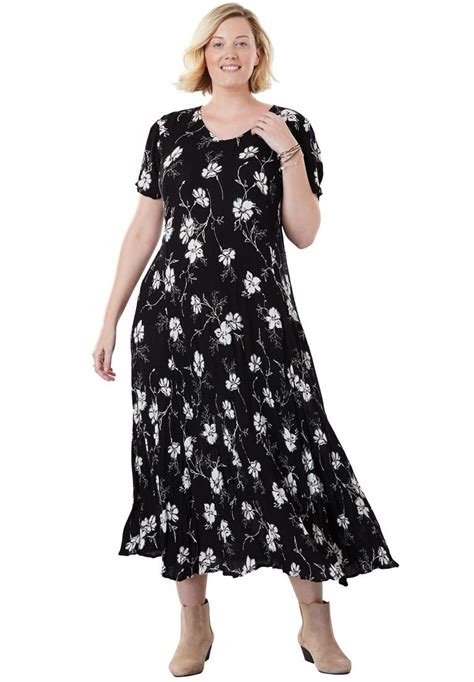 Woman Within Plus Size Petite Crinkle Dress Black Floral 5X